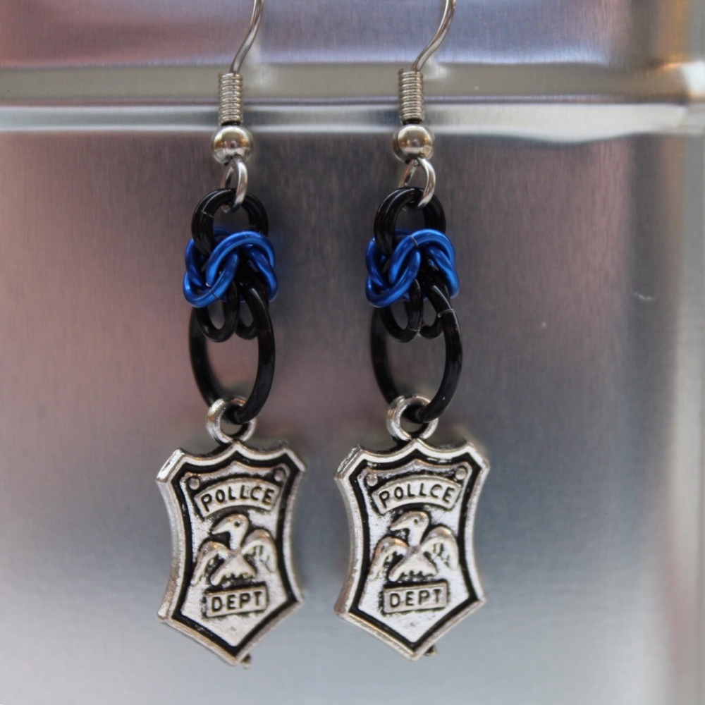 Police badge chain mail earrings